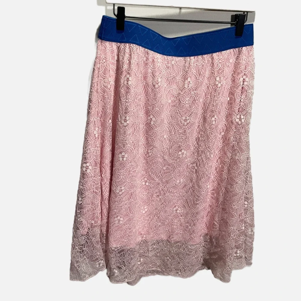 LuLaRoe Lola Pink Floral Lace Midi Skirt Blue‎ Elastic Waistband Large Womens